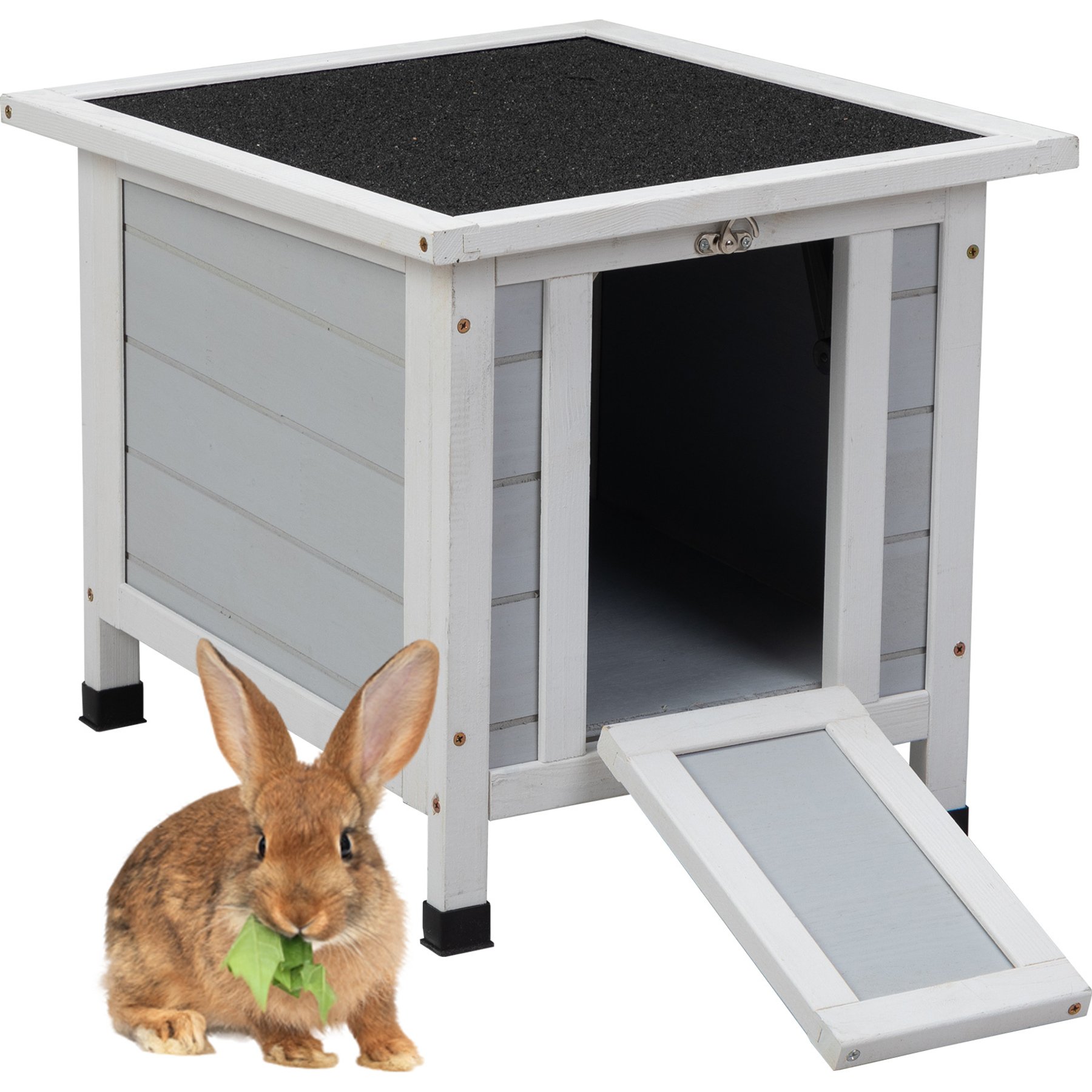 Coziwow Wooden Weatherproof Outdoor Cat House with Nonslip Ramp, Grey