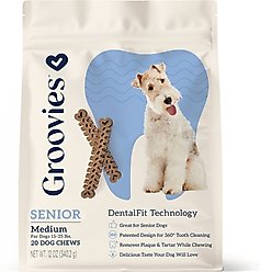Groovies Senior Medium Chicken Flavor Dental Dog Chews, 20 count