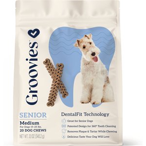 Groovies Senior Medium Chicken Flavor Dental Dog Chews, 20 count