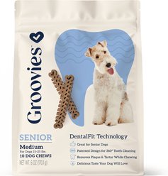 Groovies Senior Medium Chicken Flavor Dental Dog Chews, 10 count
