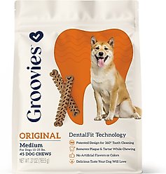 Groovies Original Medium Chicken Flavor Dental Dog Chews, 45 count