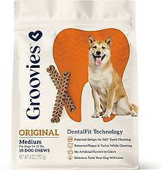 Groovies Original Medium Chicken Flavor Dental Dog Chews, 10 count