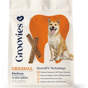 Groovies Original Medium Chicken Flavor Dental Dog Chews, 10 count