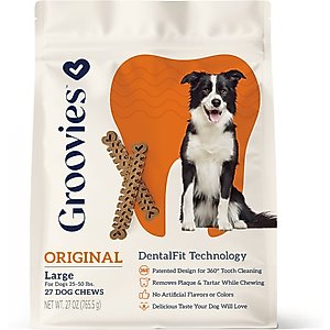 Groovies Original Large Chicken Flavor Dental Dog Chews, 27 count