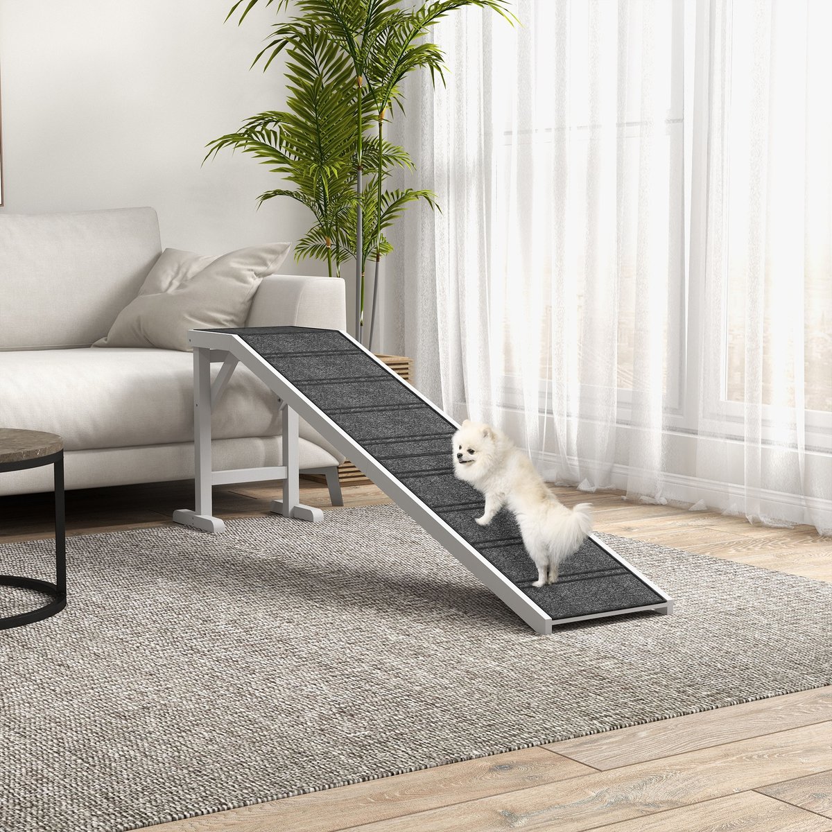 jansno Non-Slip Carpet & Top Platform Wooden Dog Bed Ramp, White