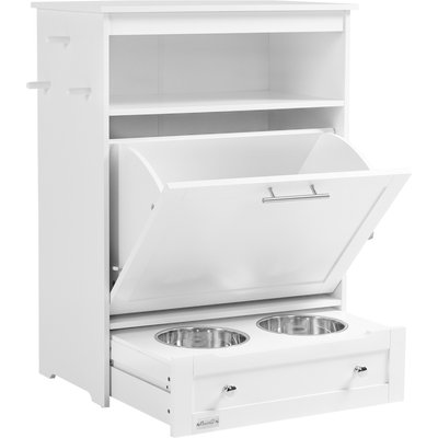 Zeus & Ruta Zeus & Ruta Food Storage Wooden Dog Container with Raised Bowls, White, Medium