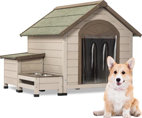 Show full view: Cesicia Outdoor Wooden Dog House with Storage & Bowls, Cream slide 5 of 7