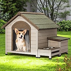 Cesicia Outdoor Wooden Dog House with Storage & Bowls, Cream