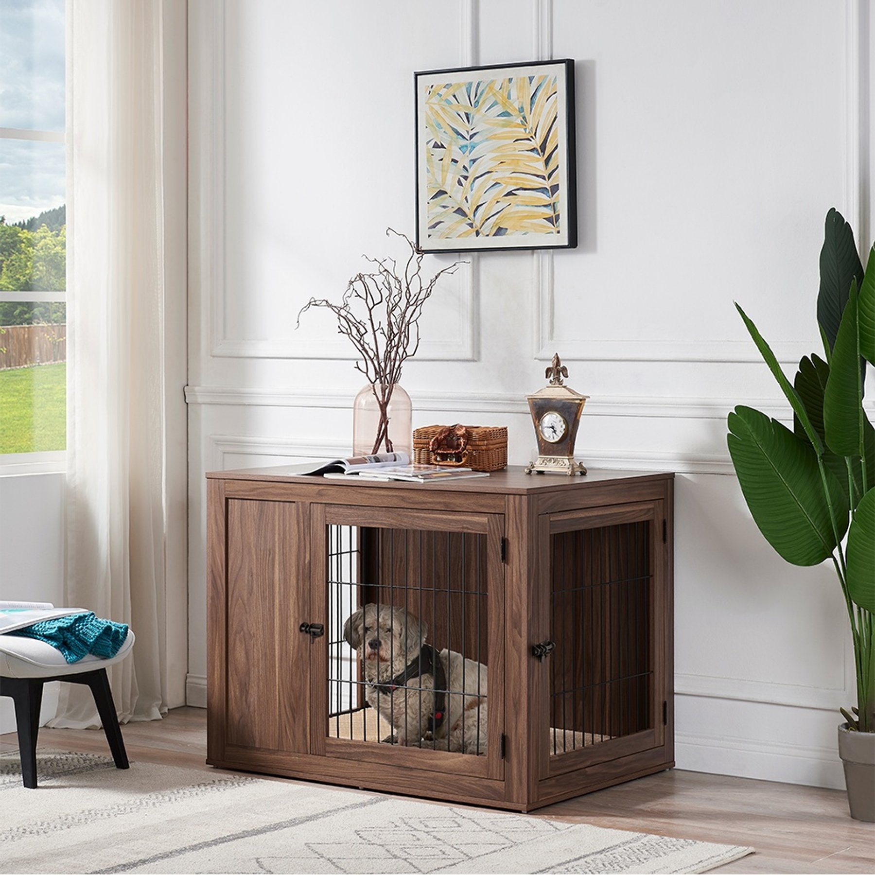 40 Inch Furniture Dog Crate - Wood Pet Crate With Drawers & Double Doors For Small/Medium Dogs