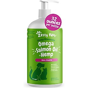 Zesty Paws Hemp Elements Omega + Salmon Oil + Hemp Liquid Skin & Coat Supplement for Dogs & Cats, 32-fl oz bottle