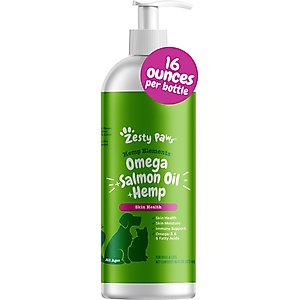 Zesty Paws Hemp Elements Omega + Salmon Oil + Hemp Liquid Skin & Coat Supplement for Dogs & Cats, 16-fl oz bottle