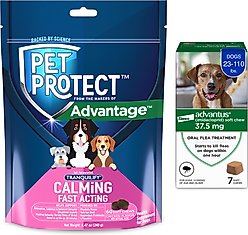 Advantus Flea Oral Treatment, 23-110 lbs, 7 Soft Chews + Pet Protect Fast Acting Calming Supplement for Dogs, 60 count