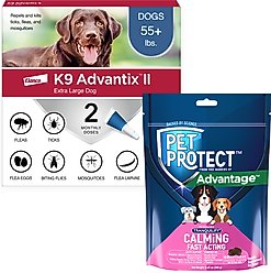 K9 Advantix II Flea & Tick Spot Treatment, over 55-lbs, 2 Doses (2-mos. supply) + Pet Protect Fast Acting Calming Supplement for Dogs, 60 count