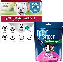 K9 Advantix II Flea & Tick Spot Treatment, 11-20 lbs, 2 Doses (2-mos. supply) + Pet Protect Fast Acting Calming Supplement for Dogs, 60 count