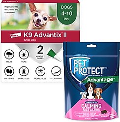 K9 Advantix II Flea & Tick Spot Treatment, 4-10 lbs, 2 Doses (2-mos. supply) + Pet Protect Fast Acting Calming Supplement for Dogs, 60 count
