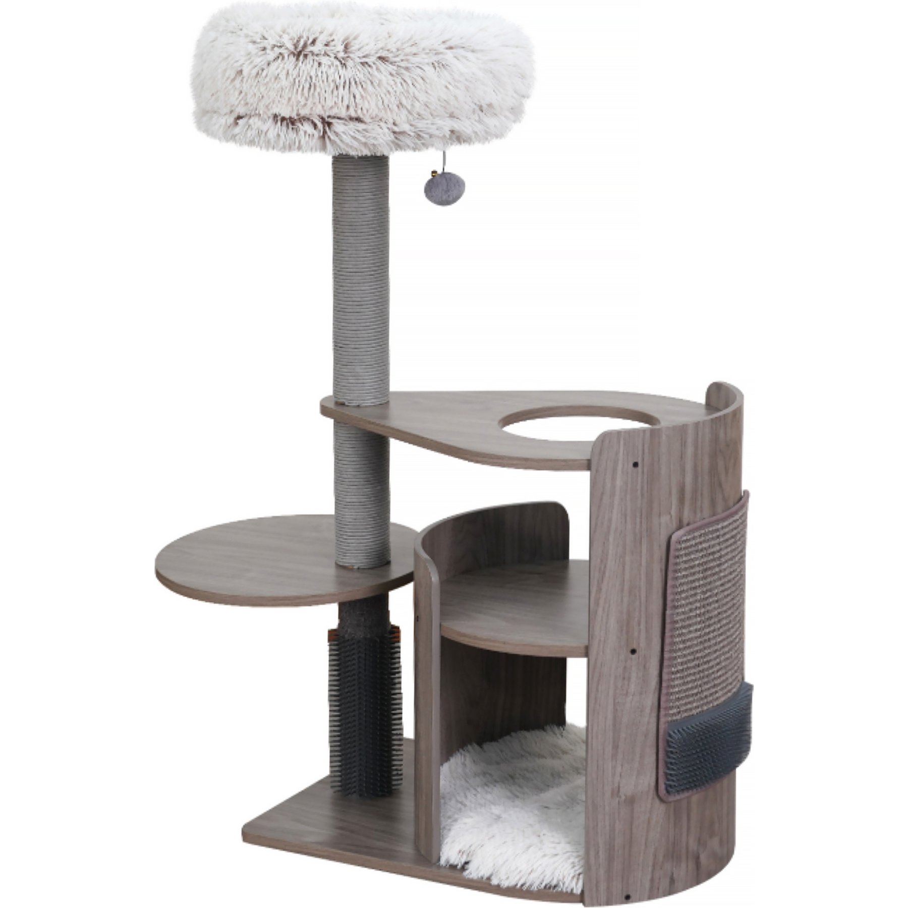 Petpals 41-in Curved Cat Tree with Scratching Pad, Top Perch & Groomer, Brown Grey