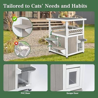 Show full view: Petscosset Outdoor Two-Story Wooden Cat House with Elevated Balcony Steps, Gray slide 6 of 9