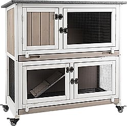 Petscosset Indoor Wooden Two-Story Rabbit Hutch with Tray Small Animal Cage, Gray, 36-in