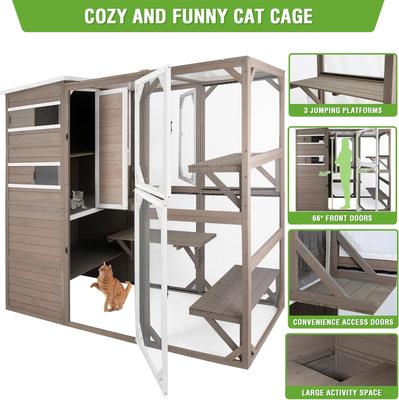 Show full view: Petscosset 76-in Wooden Catio Outdoor Cat House, Gray slide 3 of 8