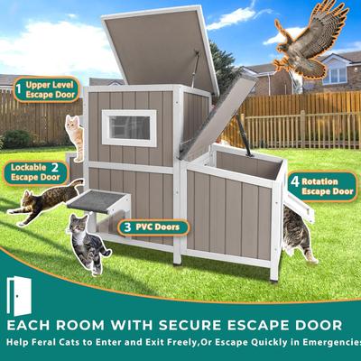 Show full view: Petscosset 36-in Outdoor Two-Story Wooden Cat House with Extra Room, Gray slide 3 of 9