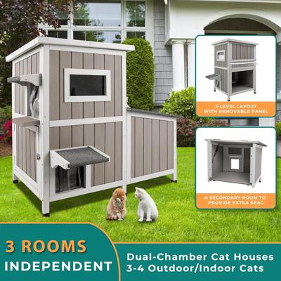 Show full view: Petscosset 36-in Outdoor Two-Story Wooden Cat House with Extra Room, Gray slide 2 of 9