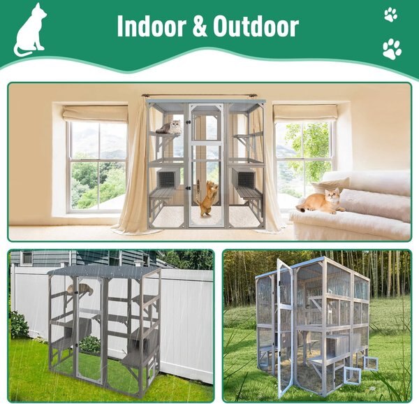 Petscosset 59-in Outdoor Wooden Catio Cat Enclosure with Platforms, Gray