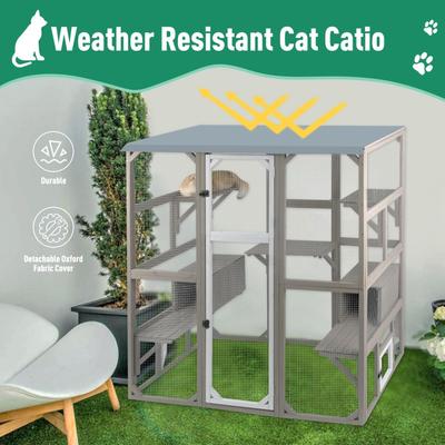 Show full view: Petscosset 59-in Outdoor Wooden Catio Cat Enclosure with Platforms, Gray slide 3 of 9