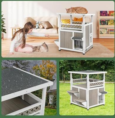 Show full view: Petscosset Outdoor Two-Story Wooden Cat House with Elevated Balcony Steps, Gray slide 2 of 9
