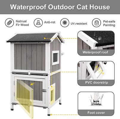 Show full view: Petscosset Outdoor Wooden Two-Story Cat House with Openable Roof, Gray slide 6 of 11