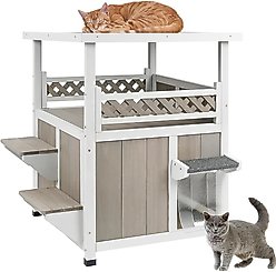 Petscosset Outdoor Two-Story Wooden Cat House with Elevated Balcony Steps, Gray