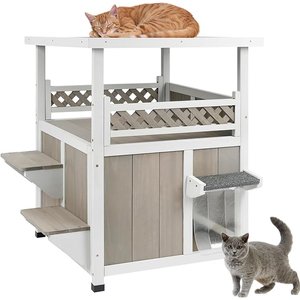 Petscosset Outdoor Two-Story Wooden Cat House with Elevated Balcony Steps, Gray