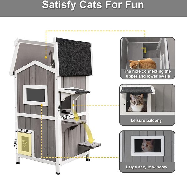 Petscosset Insulated Outdoor Wooden Cat House with Escape Door, Gray