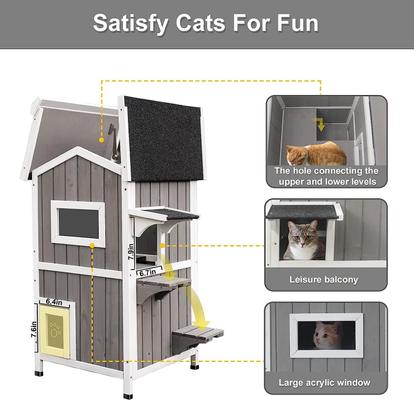 Show full view: Petscosset Outdoor Wooden Two-Story Cat House with Openable Roof, Gray slide 7 of 11