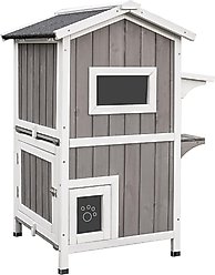 Petscosset Outdoor Wooden Two-Story Cat House with Openable Roof, Gray