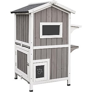 Petscosset Outdoor Wooden Two-Story Cat House with Openable Roof, Gray