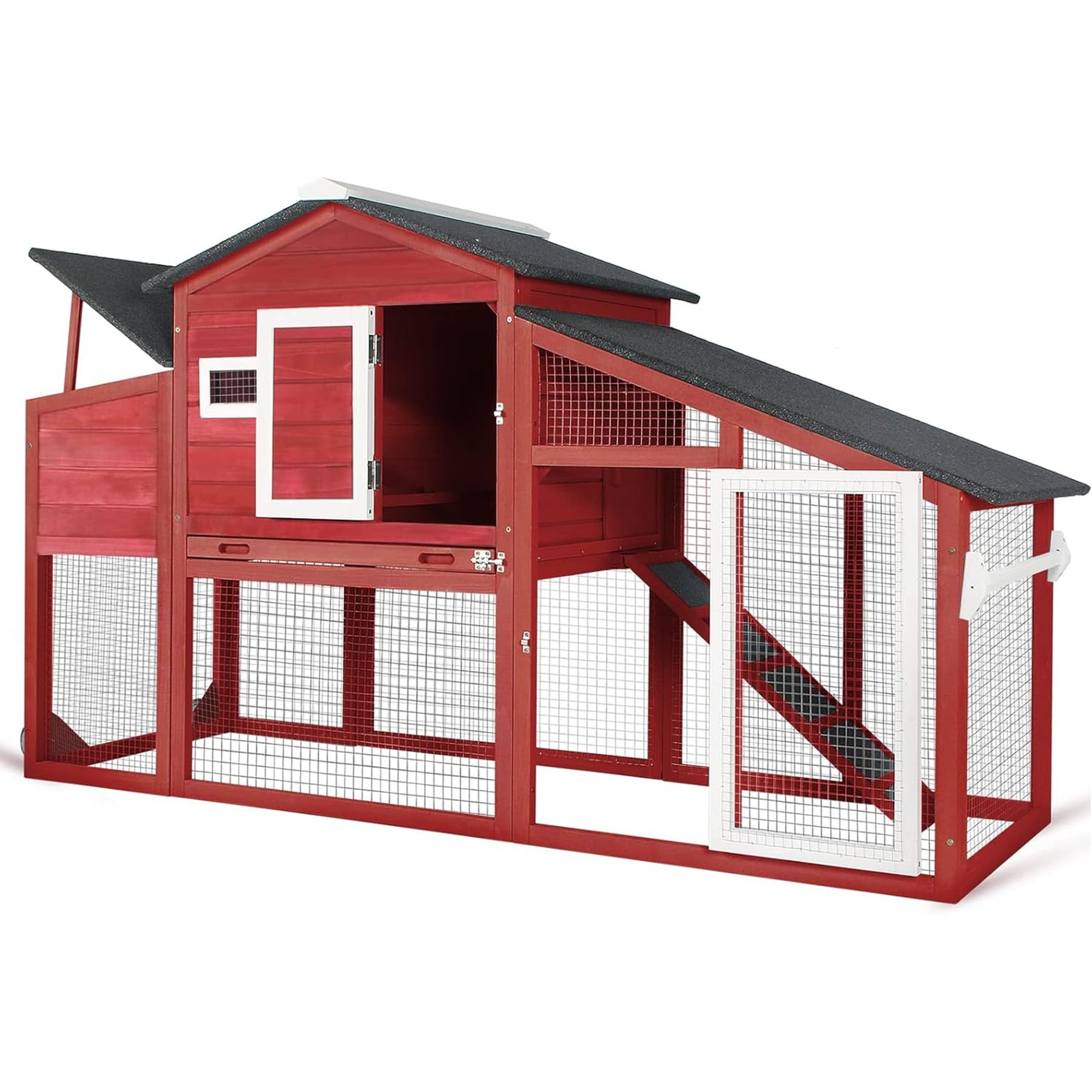 Petscosset Wooden 2-Story Chicken Coop with Run, 2 to 3 Chicken Capacity, Red