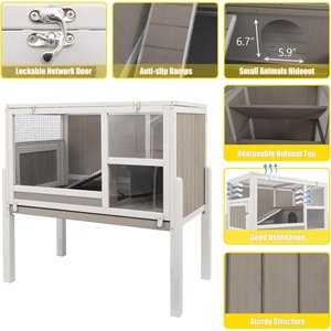 Petscosset Wooden Guinea Pig Cage with Tray, Small Animal Cage, Gray, 38-in
