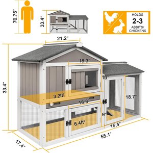 Petscosset Indoor/Outdoor Rabbit Hutch, 55.1 x 17.7 x 33.4-in