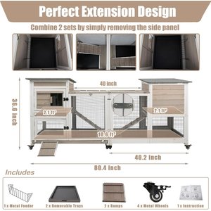 Petscosset Indoor Wooden Rabbit Hutch with Wheels, Small Animal Cage, Gray, 40-in