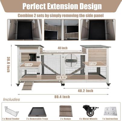 Show full view: Petscosset Indoor Wooden Rabbit Hutch with Wheels, Small Animal Cage, Gray, 40-in slide 5 of 10