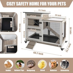 Petscosset Indoor Wooden Rabbit Hutch with Wheels, Small Animal Cage, Gray, 40-in