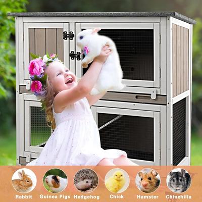 Show full view: Petscosset Indoor Wooden Two-Story Rabbit Hutch with Tray Small Animal Cage, Gray, 36-in slide 7 of 9
