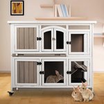 Indoor Wooden Two-Story Rabbit Hutch with Wheels, Gray, 47-in