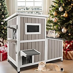 Petscosset 36-in Outdoor Two-Story Wooden Cat House with Extra Room, Gray