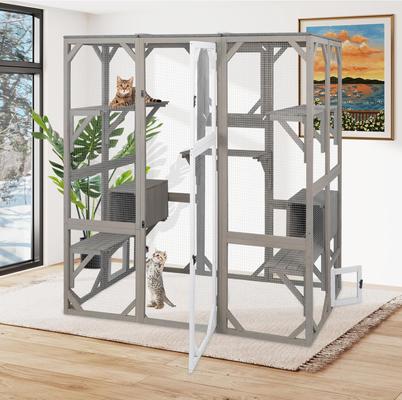 Show full view: Petscosset 71-in Wooden Catio Outdoor Cat House, Gray slide 3 of 10