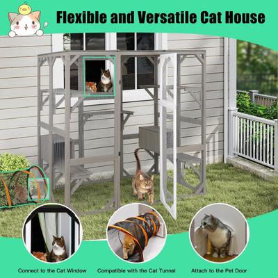Show full view: Petscosset 71-in Wooden Catio Outdoor Cat House, Gray slide 5 of 10