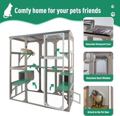 Show full view: Petscosset 59-in Outdoor Wooden Catio Cat Enclosure with Platforms, Gray slide 5 of 9