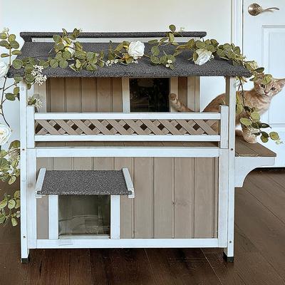 Show full view: Petscosset 30-in Outdoor Wooden Two-Story Cat House with Balcony, Gray slide 8 of 11