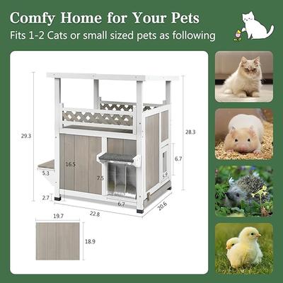 Show full view: Petscosset Outdoor Two-Story Wooden Cat House with Elevated Balcony Steps, Gray slide 7 of 9