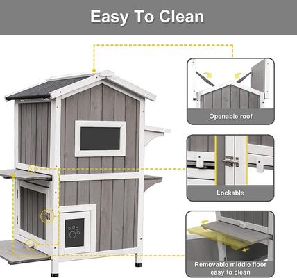 Show full view: Petscosset Outdoor Wooden Two-Story Cat House with Openable Roof, Gray slide 8 of 11